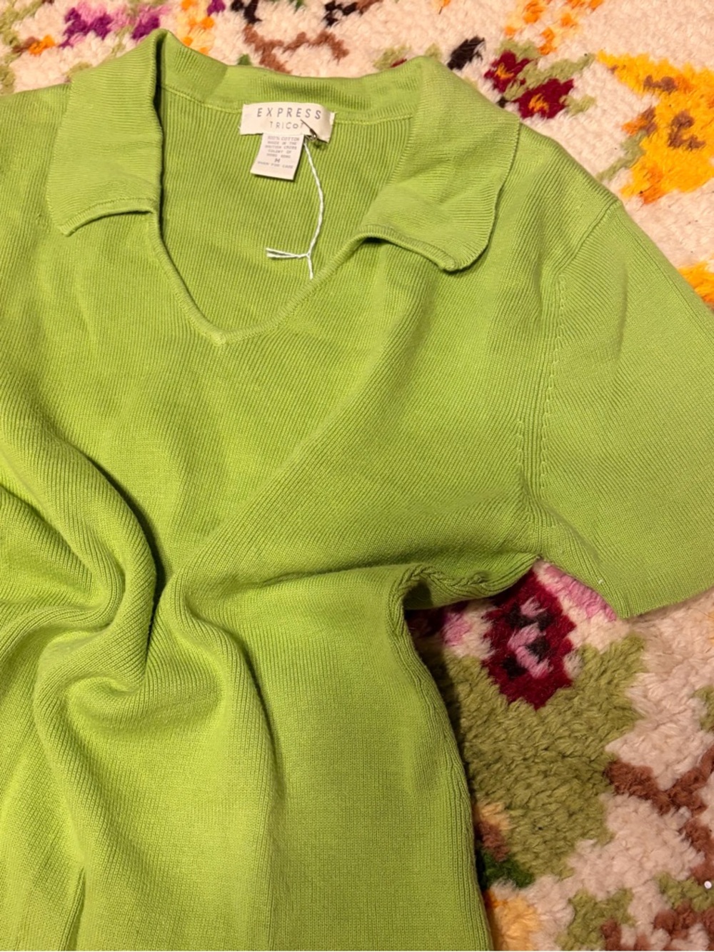 Vintage 90’s Express Tricot Lime Green Short Sleeve v-neck collared Polo Sweater